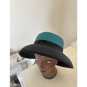 Saks Fifth Avenue Women's Hat Blue Navy Straw Vintage Summer Sun Hat